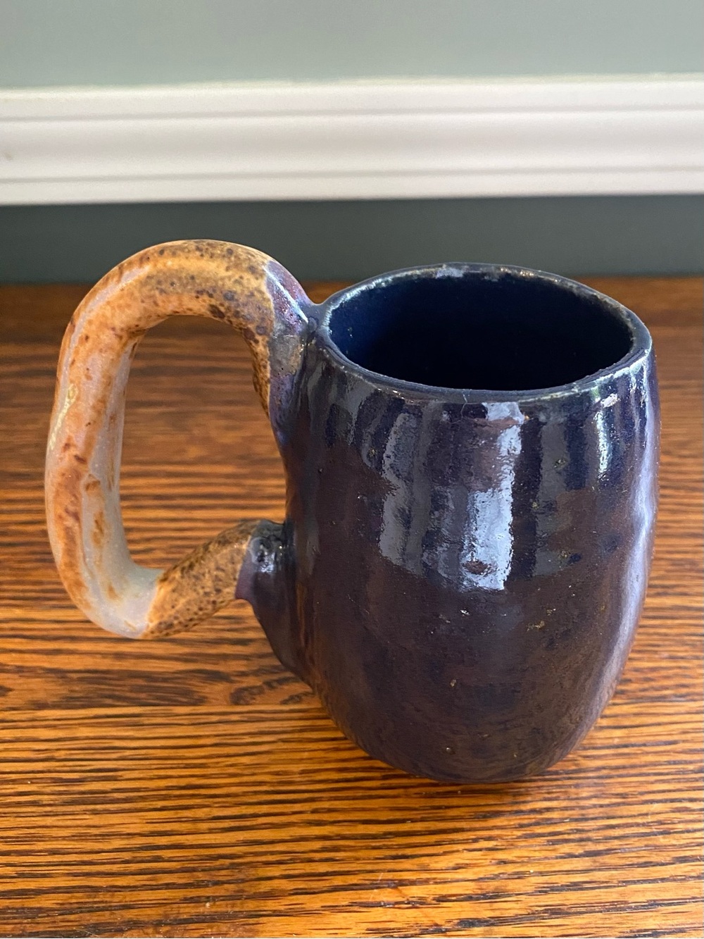 Vintage Unique Studio Pottery Stoneware Coffee Mug Blue Oversized Handle 8 oz